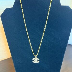 CHANEL authentic pearl & rhinestone zipper pull converted to 16” 18k GF necklace